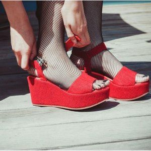 GOOD GUYS DON'T WEAR LEATHER Red Black Vegan Herringbone Wedge 7.5 Ankle Strap